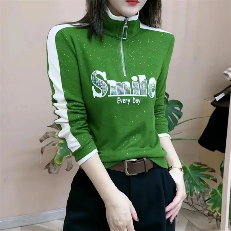 秋冬プラスベルベット底シャツ女性デザインレターファッション長袖セーターパッド入り暖かいジッパープルオーバートップス