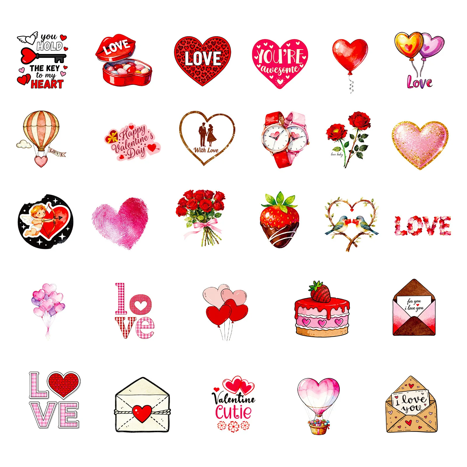 56PCS Cartoon Valentine's Day Hearts Love Graffiti Sticker DIY Decoration PVC Waterproof Skateboard Notebook Graffiti Toy