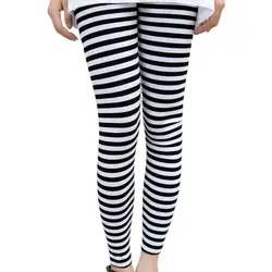 Womens Autumn Ankle Length Skinny Leggings Black White Horizontal Striped Printing Pencil Pants Stretch Casual Pullover H9ED