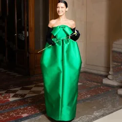 Green Satin Dress Puffy Strapless Women Clothes With Bow Floor Length Prom Dress Elegant Simple Evening Dresses Woman Party