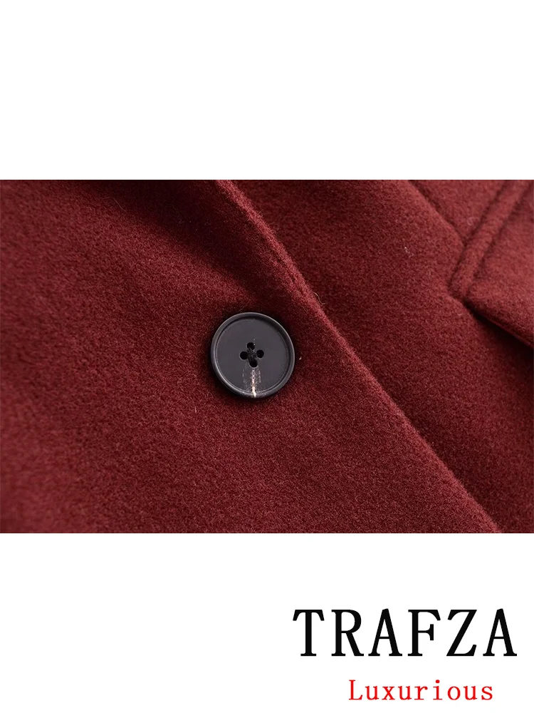 TRAFZA Vintage Casual Chic Women Overcoat Solid Turn-down Collar Oversized Long Jackets Fashion 2024 Autumn Winter Thick Coats