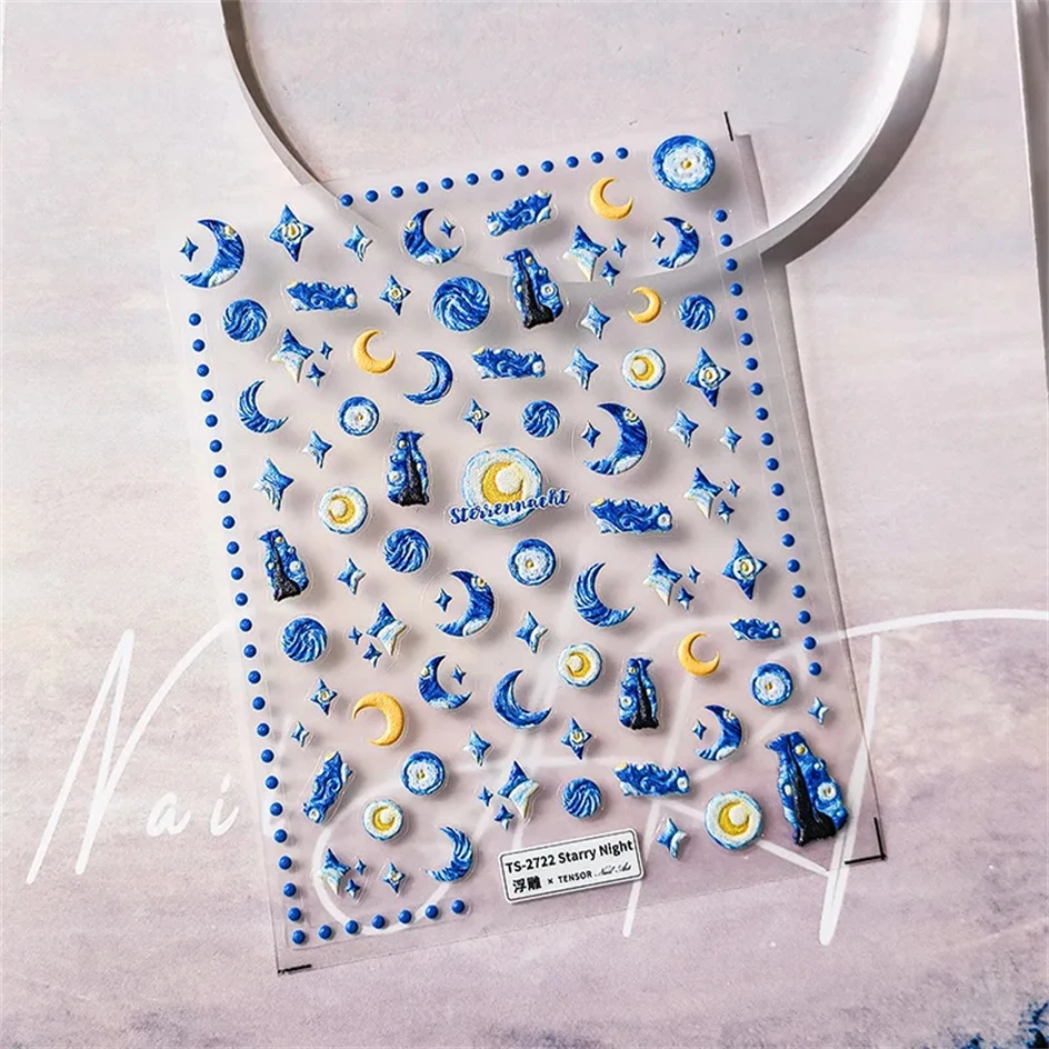 Noche Estrellada azul para mujer, pegatinas autoadhesivas para decoración de uñas, estrellas blancas, calcomanías de manicura 3D, relieve suave, 5D