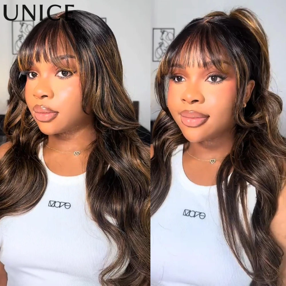 UNice Pre Everything 13x4 Lace Frontal Balayage Highlights Loose Wave Wig With Bangs Pre Ear Tab Wear Go Glueless Human Hair Wig
