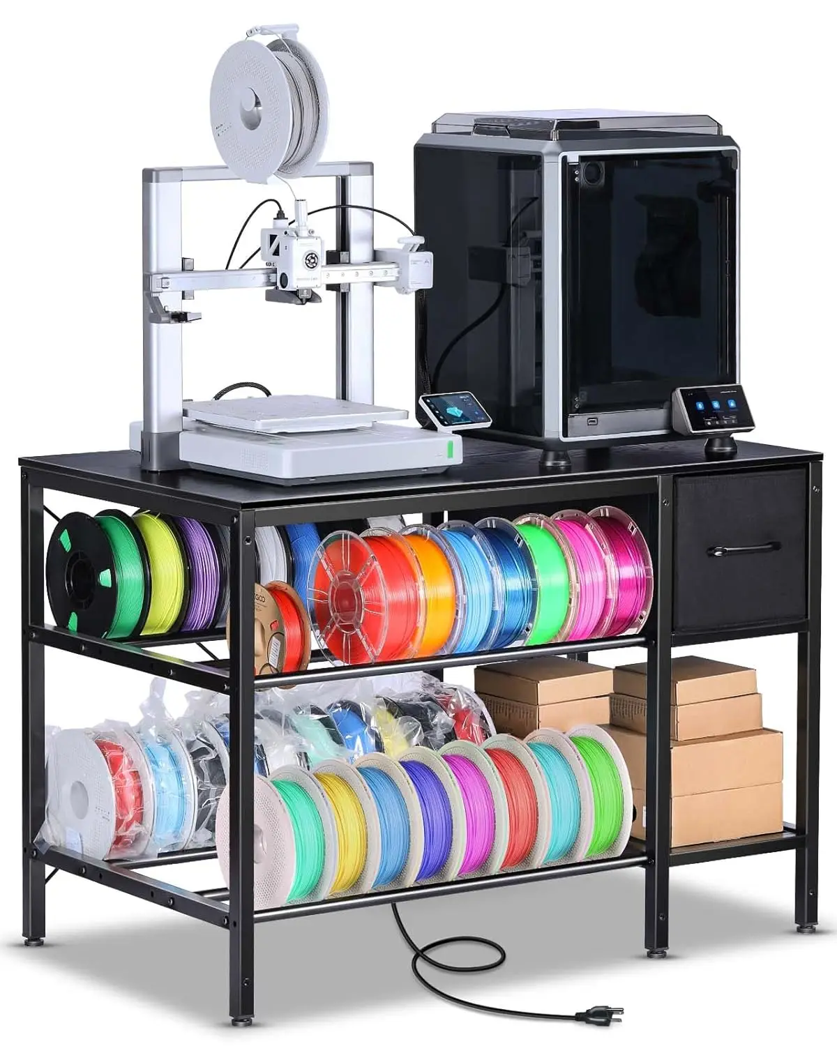 

3D Printer Stand with Filament Storage & Power Strip, Heavy Duty Desk for Workshop Office Black