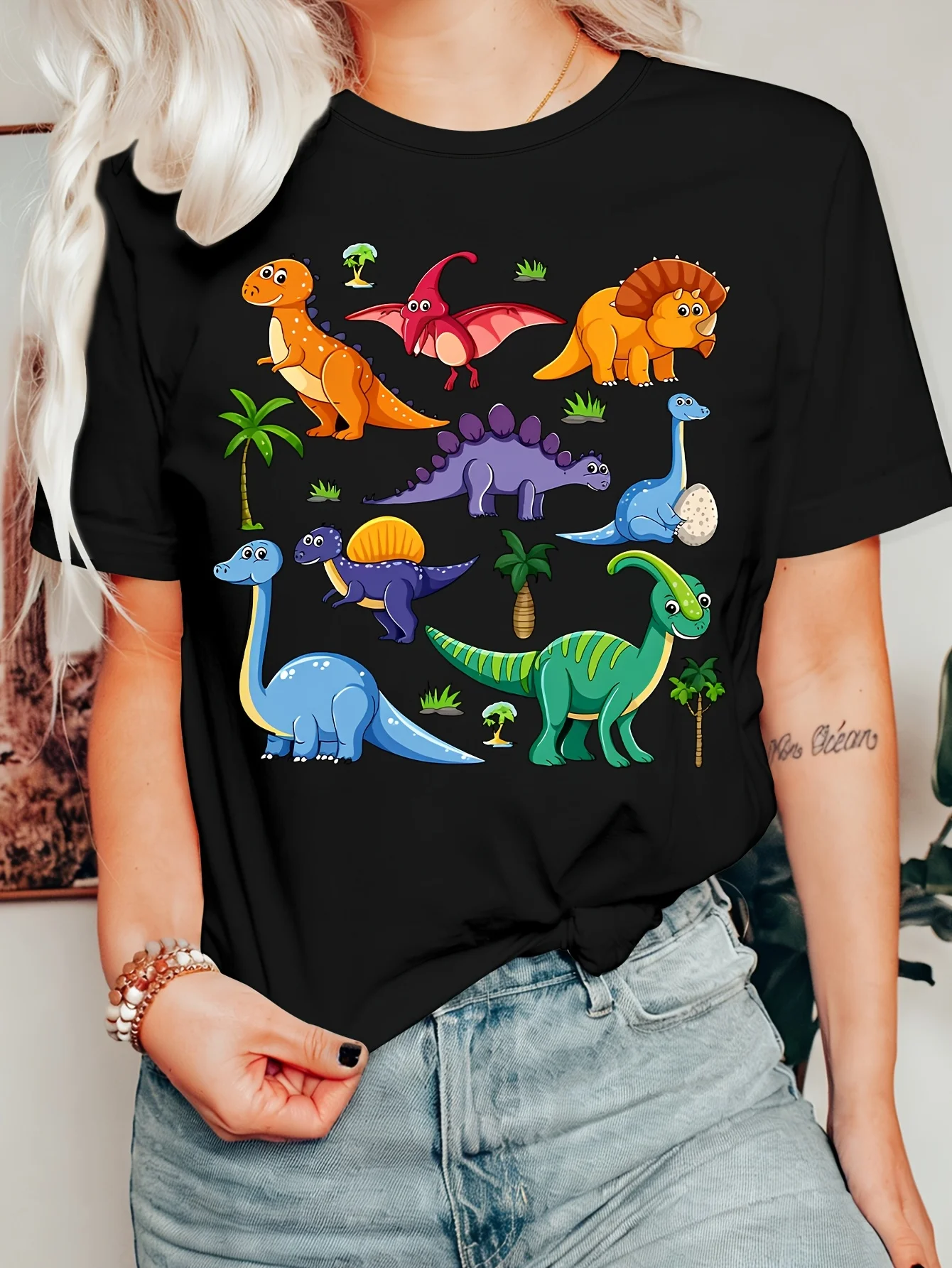 Women's Clothing Colorful Cartoon Dinosaur Collection Printed Round Neck Short Sleeved Fashionable Commuting Vacation Daily Top