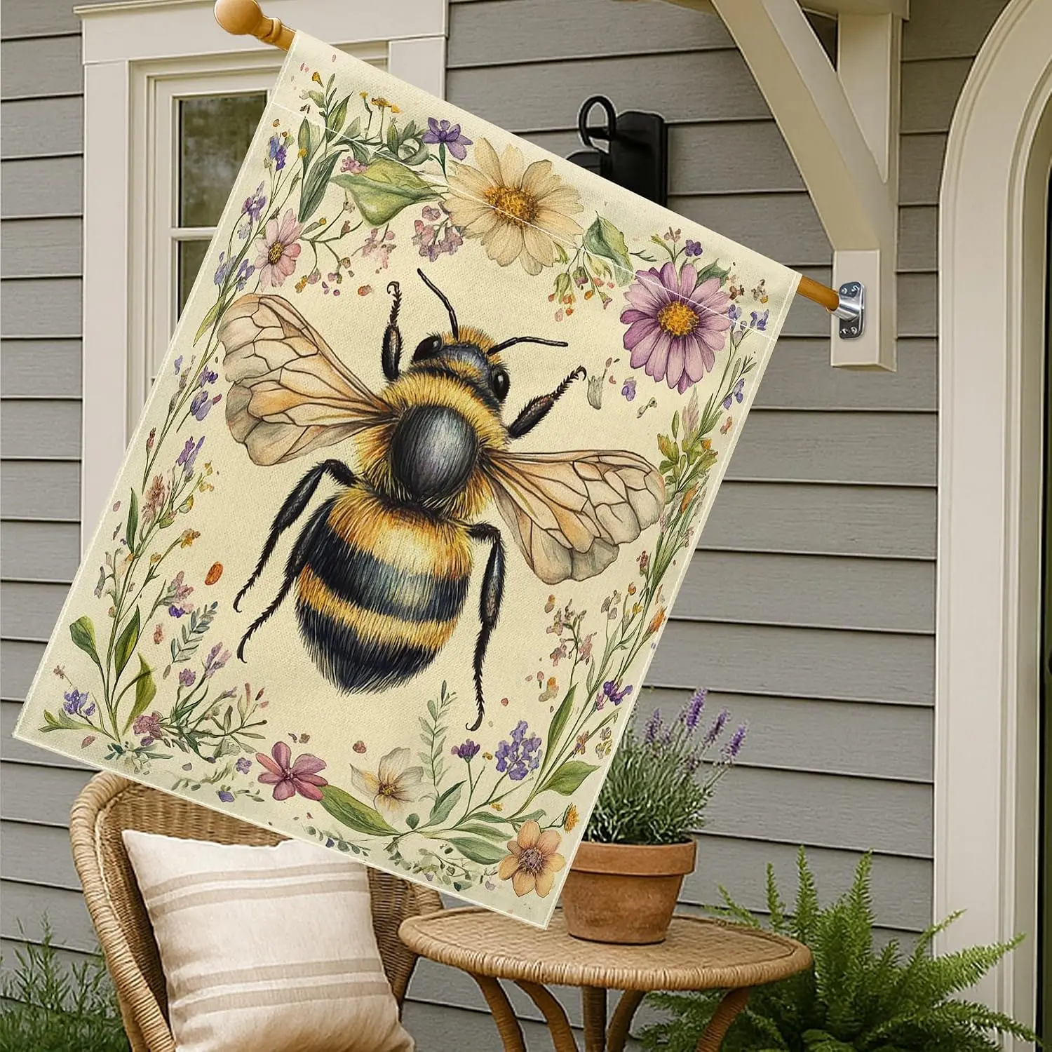 Spring Bees House Flags 28x40 Inch Double Sided, Vintage Floral Plant Standard Burlap Home Flags, Insect Backyard Flags Outd MMZ