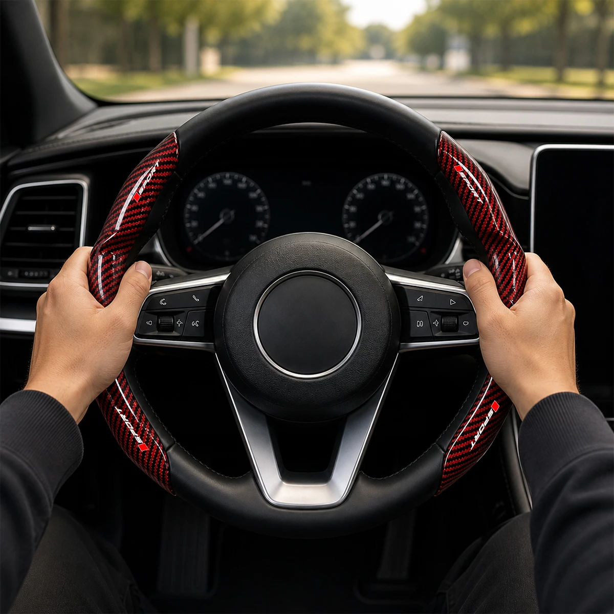 Lenkradbezug mit Kohlefaser-Muster, glänzend, universell passend für Autos, LKWs und SUVs – Detail 4