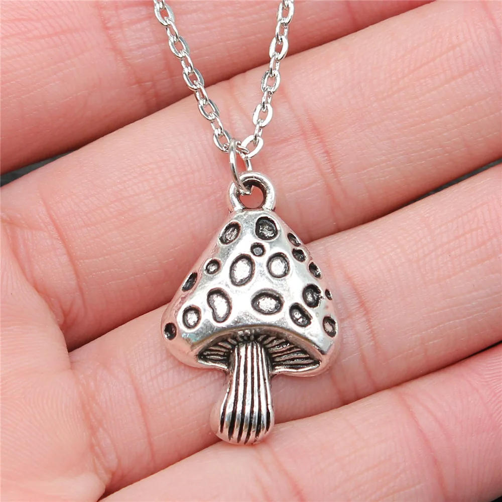 Fashion Simple Vintage Antique Silver Color 28x18mm Mushroom Pendant Necklace For Women