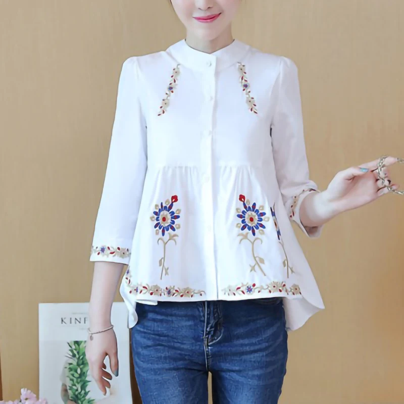 Ethnic Vintage Embroidery 100% Cotton Shirt Women Elegant Blouse Button Up Shirts Ladies Office Wear Loose Casual Tops 2022 New