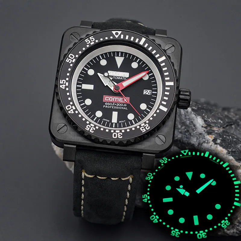 New Black Square Men\'s Dive Watch With Japan NH35 NH36 Automatic Stainless Steel Sapphire Crystal C3 Luminous 10ATM Waterproof