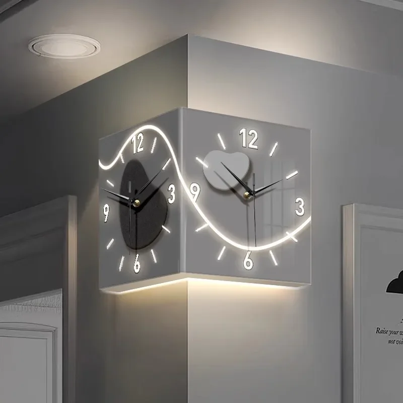 Time comes and goes, wall clock, living room advanced sense, no punching, corner double-sided creative clock led light wall