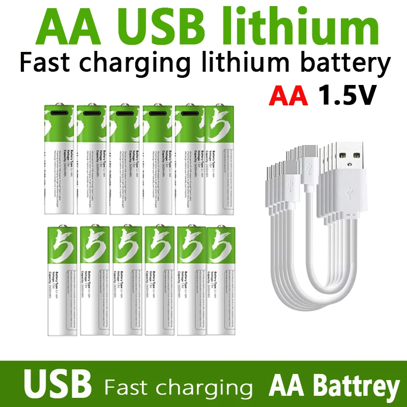 2024 New 1.5V AA USB Rechargeable Battery 2600mwh Li-ion Battery for Remote Control Mouse Electric Toy Battery + Type-C Cable