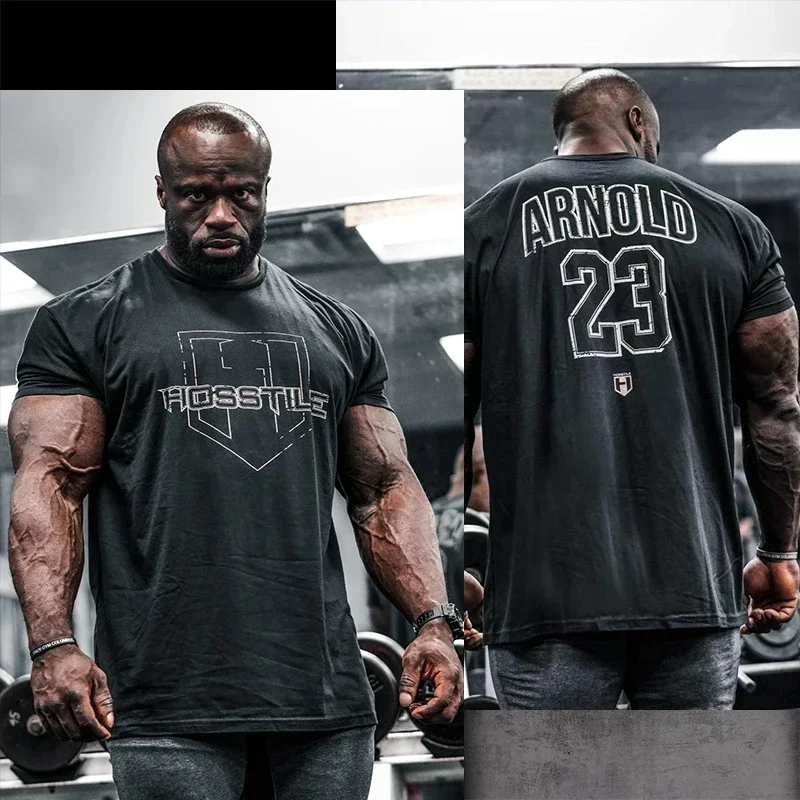 HOSSTILE Short Sleeved Fitness American Loose Muscle Tough Guy Top Breathable Sports Arnold Classic T-shirt Oversize Men Clothes