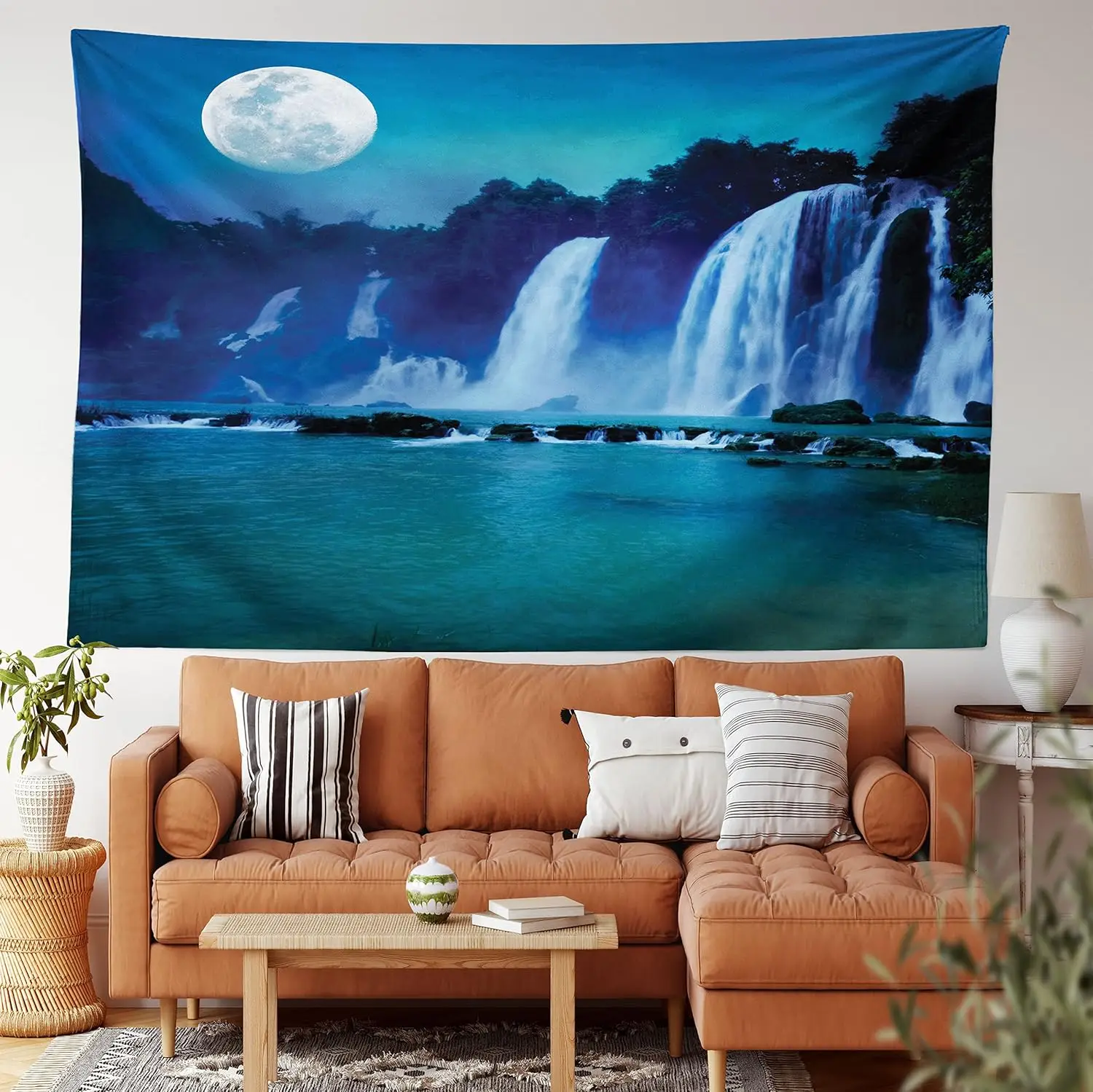 Aesthetic Blue Waterfall Moon Tapestry Wall Hanging Decor Bohemian Living Room Home Decoration Nature Art Print