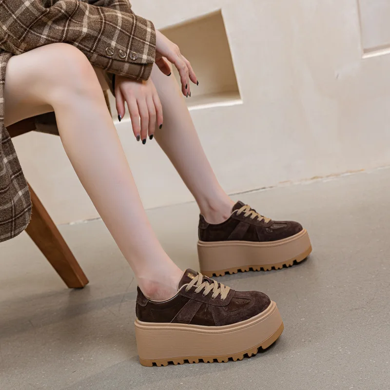 High quality 8CM Genuine Leather Breathable Fashion Chunky Sneaker Flats Booties Boots Spring Autumn Women Vulcanize Shoes view 3