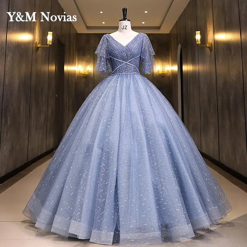 Y & m novias vestido de baile azul doce 16 quinceanera vestido 2022 novo decote em v apliques lantejoulas vestido de festa da princesa vestidos de 15 anos