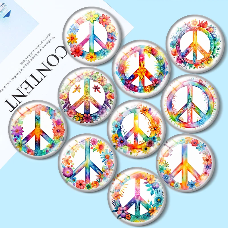 

Retro Peace Sign Watercolor Clipart 10pcs 12mm/18mm/20mm/25mm Handmade Photo Glass Cabochons DIY Making Accessories