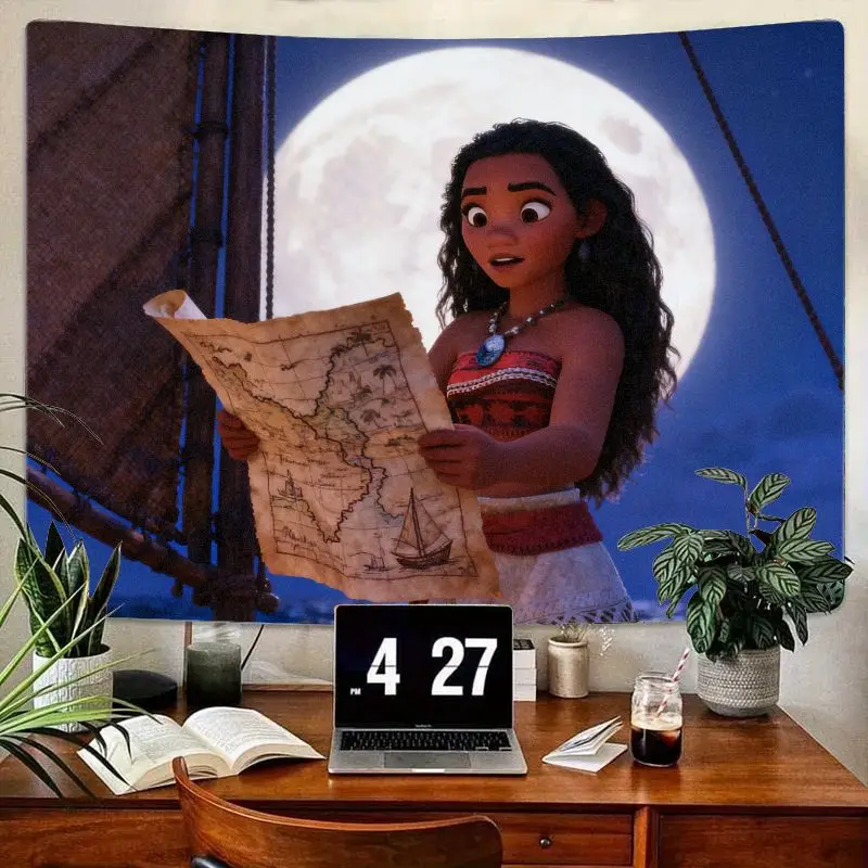 

1PC Disney Moana Adventure Tapestry, Ocean Map Wall Art, Full Moon Home Decor, Polyester Wall Hanging for Girls Bedroom Living R