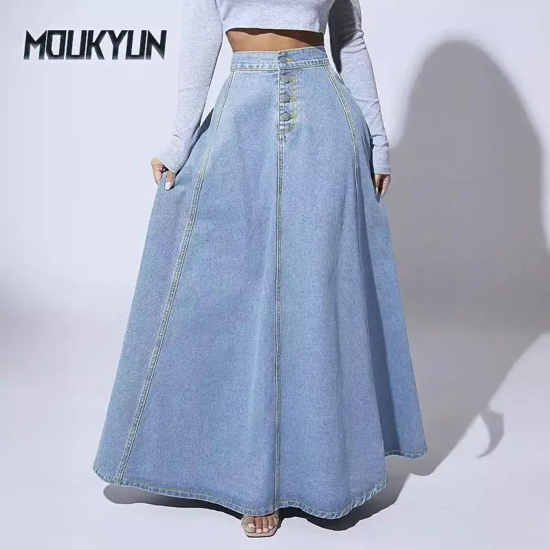 

Однобортная джинсовая юбка трапециевидной формы в европейском и американском стиле для женщин