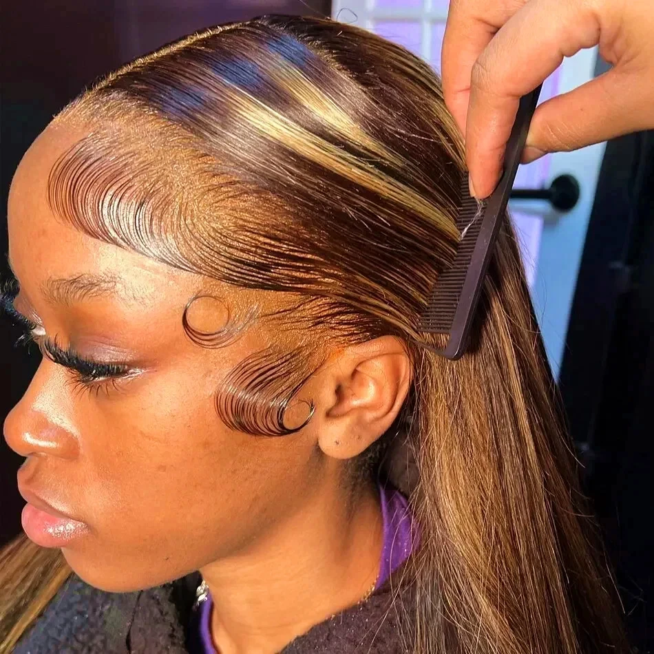 البرازيلي 180% P4/27 أومبير براون تسليط الضوء على باروكة من شعر طبيعي مفرود 100% رامي الشعر البشري 13x4 Hd الدانتيل أمامي خصلات الشعر المستعار الإنسان #1