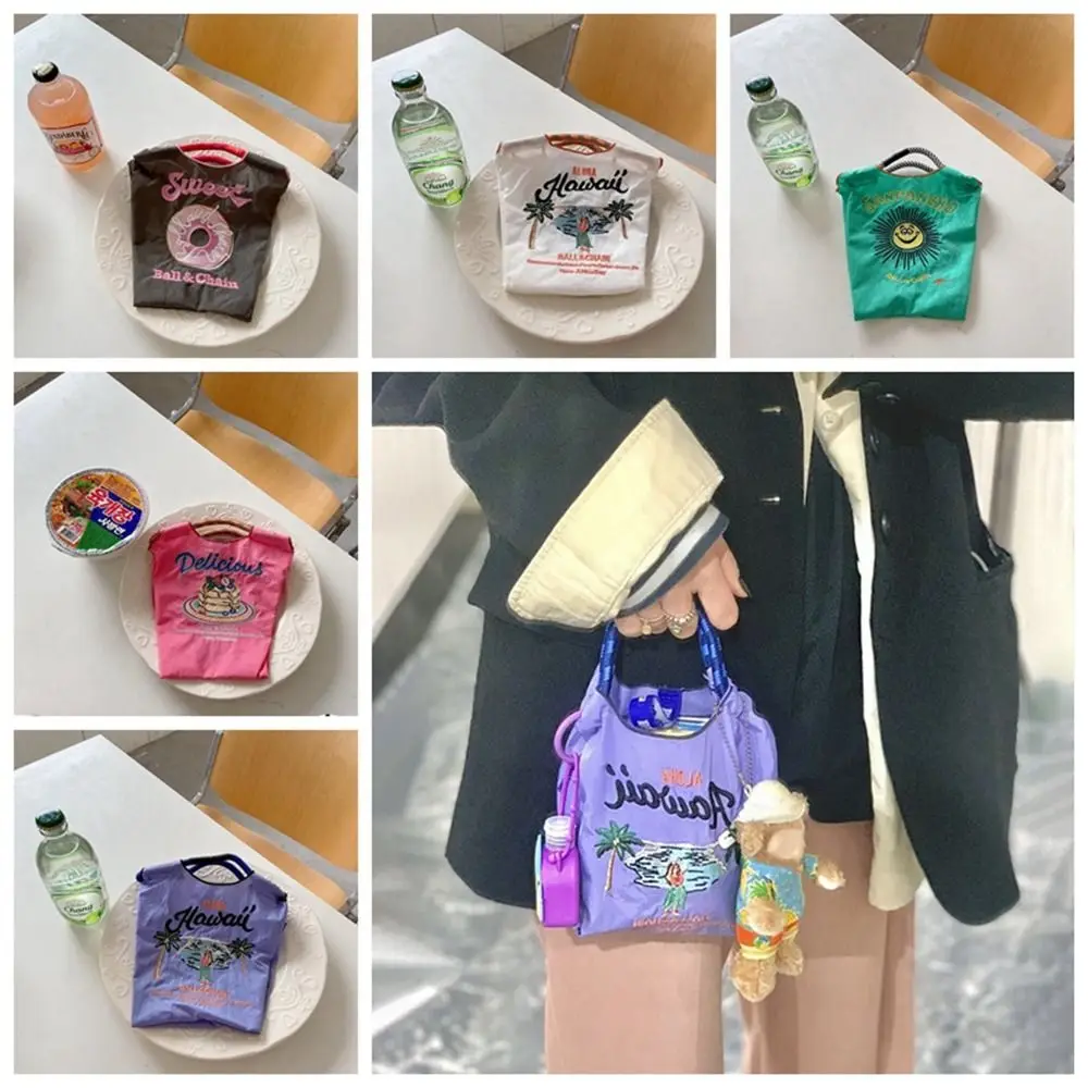 

Simple Printed Ball Chain Embroidery Canvas Bag Shopping Bag Makeup Bag Mini Handbag Japanese Nylon Storage Bag Girls