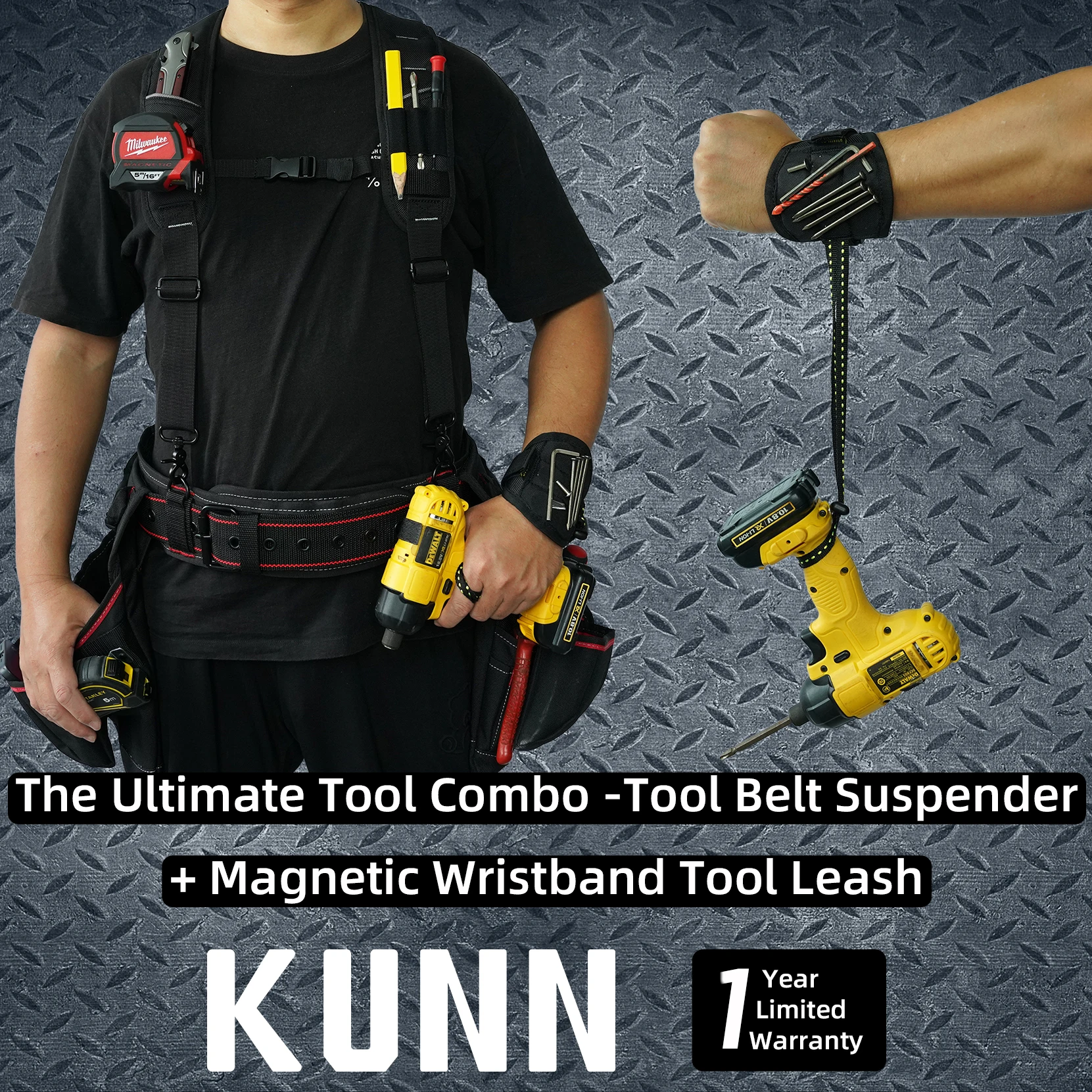 KUNN Tool Belt Suspenders for Men with Magnetic Wristband,Heavy Duty Work Suspender