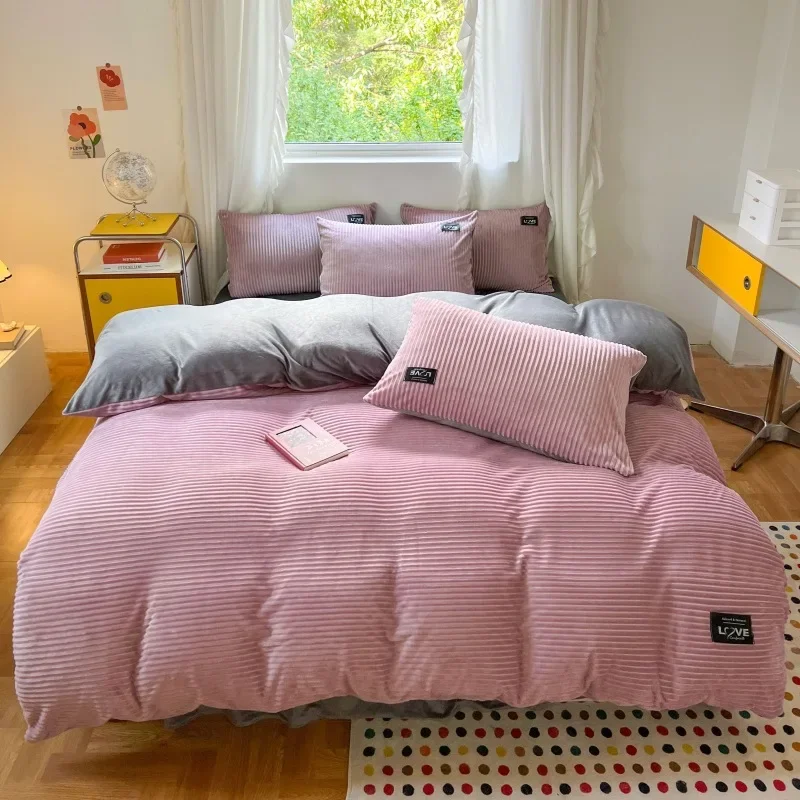 Flannel Bedding Set Crystal Velvet Coral Fleece Winter Duvet Cover Keep Warm Bedsheet Double Sided Velvet Pillowcases Flat Bed