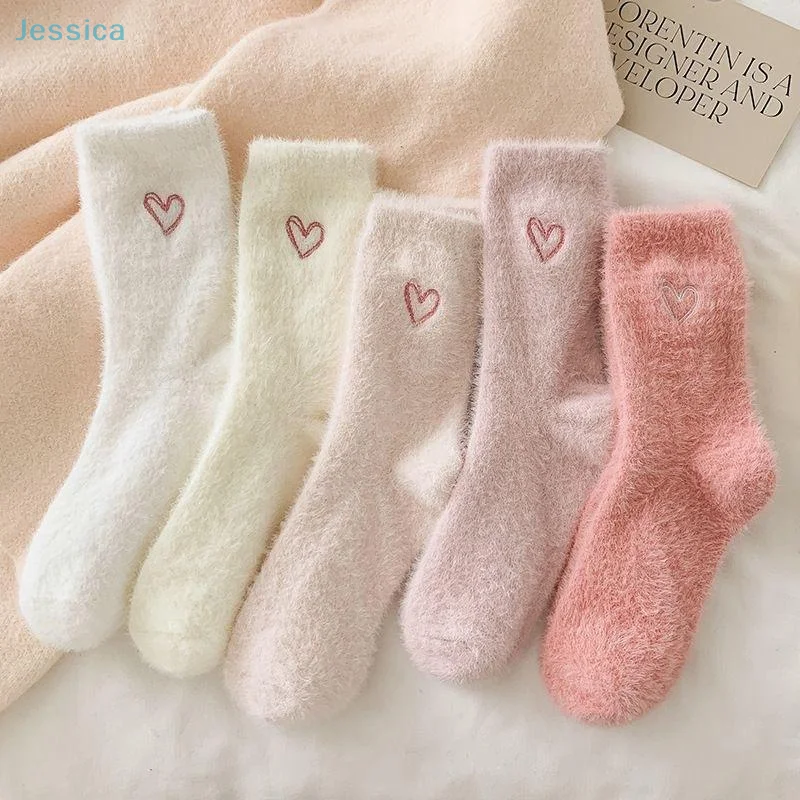 

♥Thickened Middle Tube Socks Mink Fur Pink Embroidered Heart-shaped Women Autumn Winter Warm Sleep Home Solid Color Plush Sock