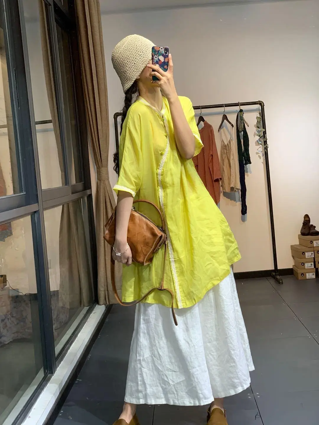 Dames zomershirt met opstaande kraag, dames nieuw halflang retro theepak met schuine sluiting