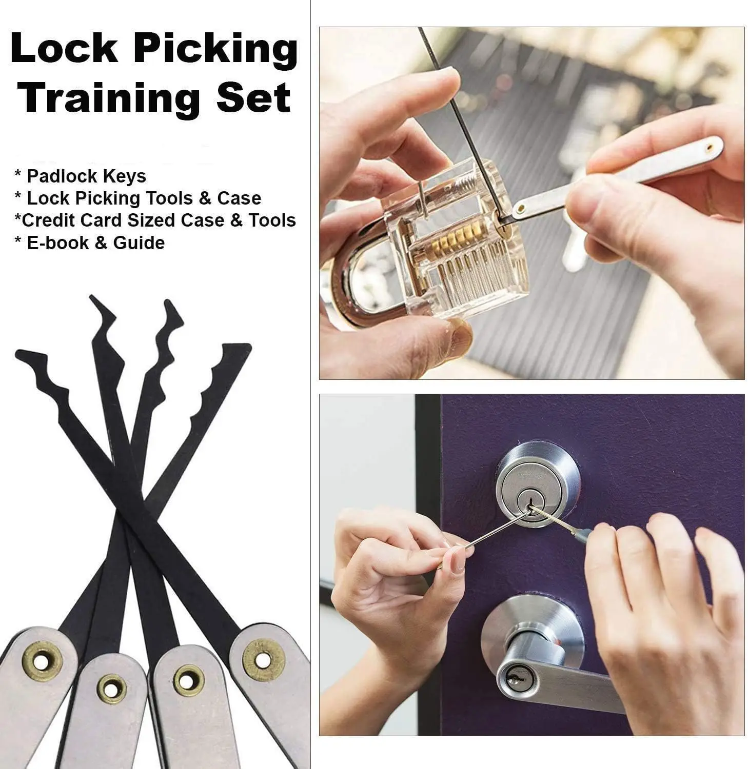 15pcs Stainless Steel Lockpick Tools with Handle,Cheap and Useful Locksmith Tools Set with Locks for Beginner,Hard Materials