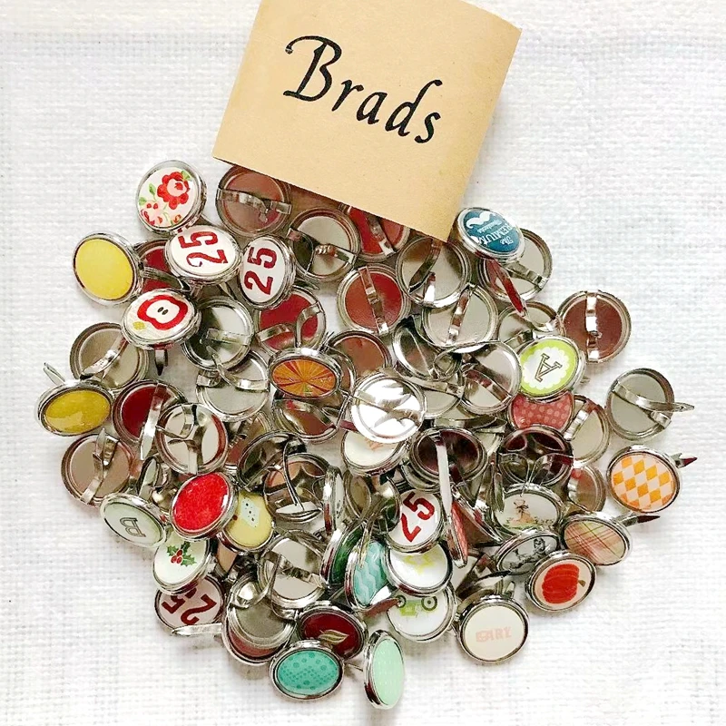 50Pcs 15MM Mix Pattern Epoxy Brads Scrapbooking Material Metal Round Stud Embellishment DIY Crafts Journal Album Decoration Pin