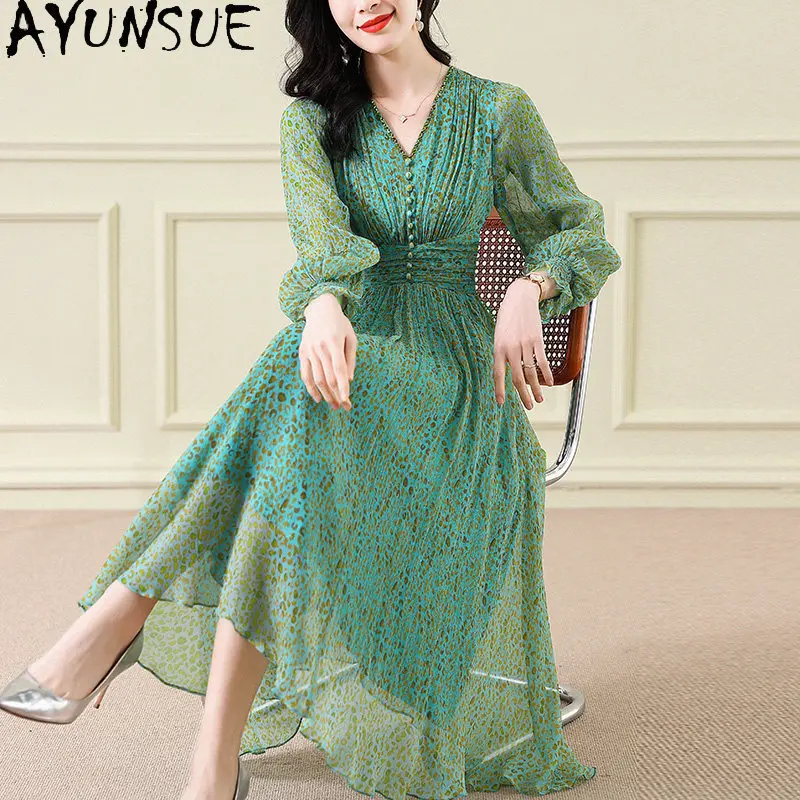 

AYUNSUE 100% Natural Mulberry Silk Dress for Women 2026 Summer Clothes Long Dress Printed Elegant Womens Dresses Платье Женское
