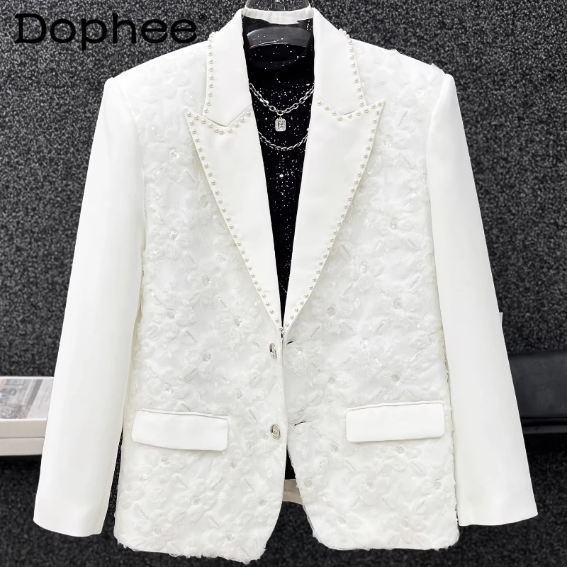 

Men's 2025 Autumn New Trendy Tailored Coats Male Handsome Loose Comfort Pearl Blazers High-End Sequin Floral Chic Suit Jackets