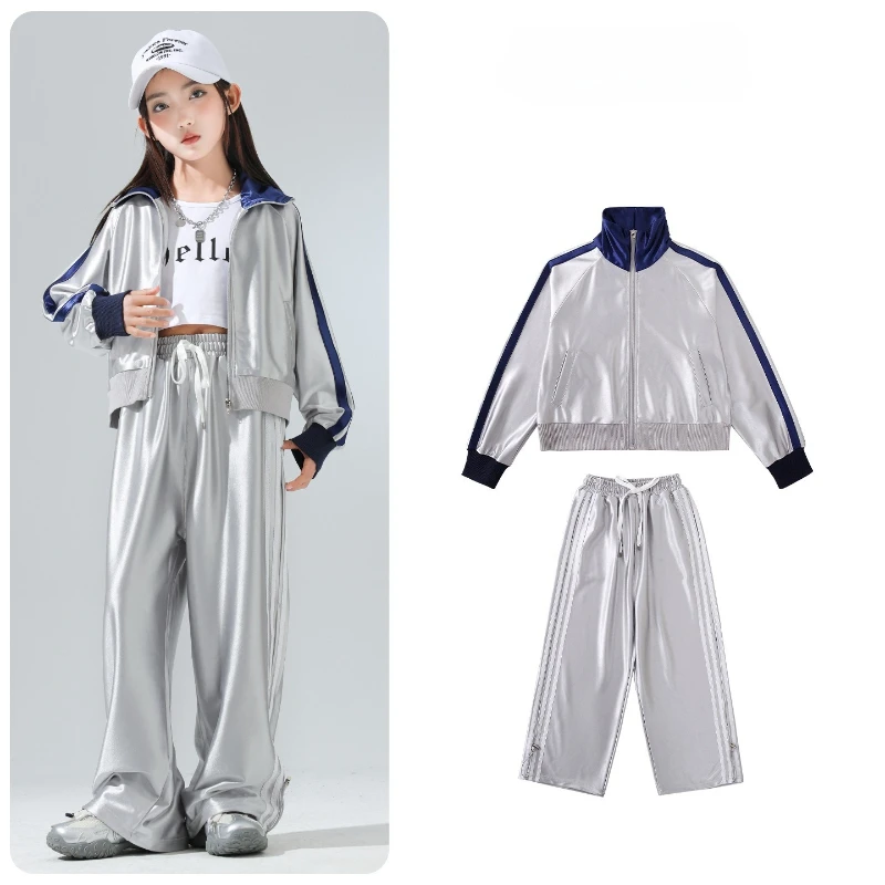 Mädchen Hip Hop Silber Jacke Baggy Hosen K-pop Mantel Kleidung Set Cool Street Dance Kostüm Gruppe Streetwear Jazz Bühne zeigen Outfit