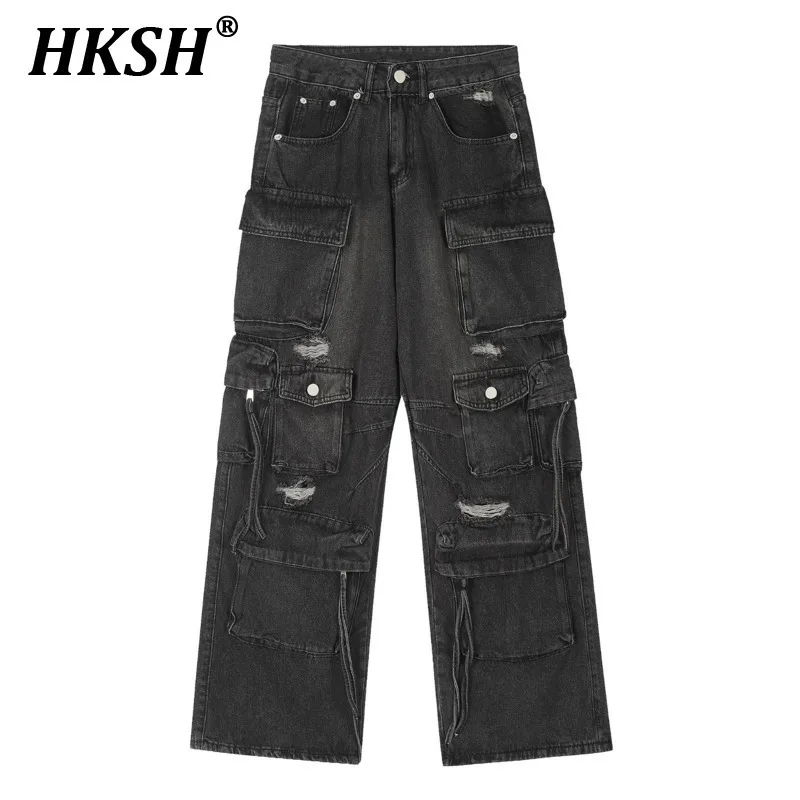 HKSH 2024 Spring Autumn New Men's Tide Punk Safari Style Jeans Youth Fashion Straight Pocket Chic Vintage Y2K Denim Pants HK3551