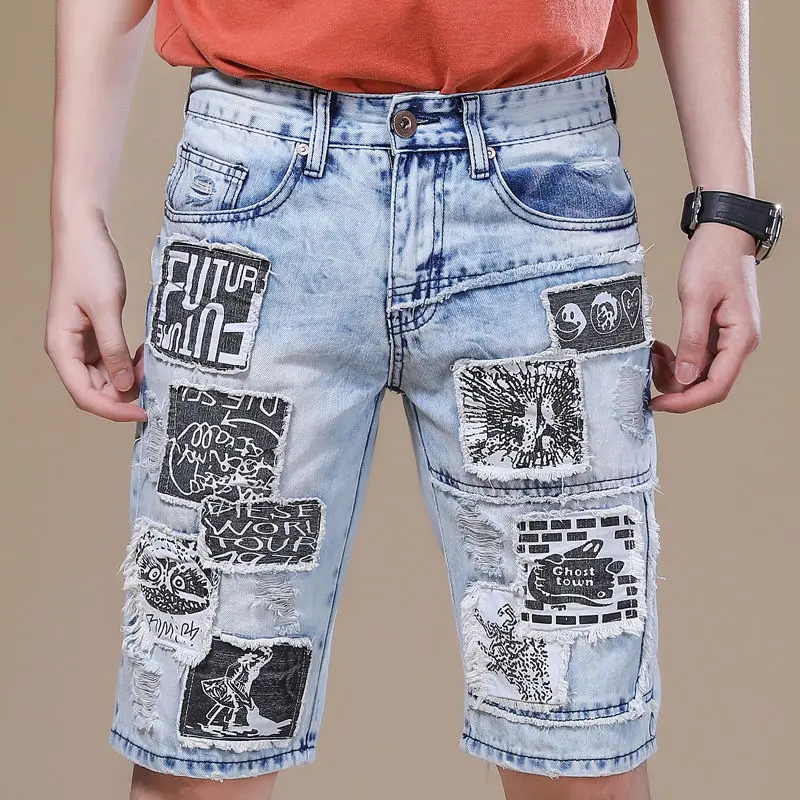 

European and American style high-end personality stitching ripped jeans men's printed light color five points shorts