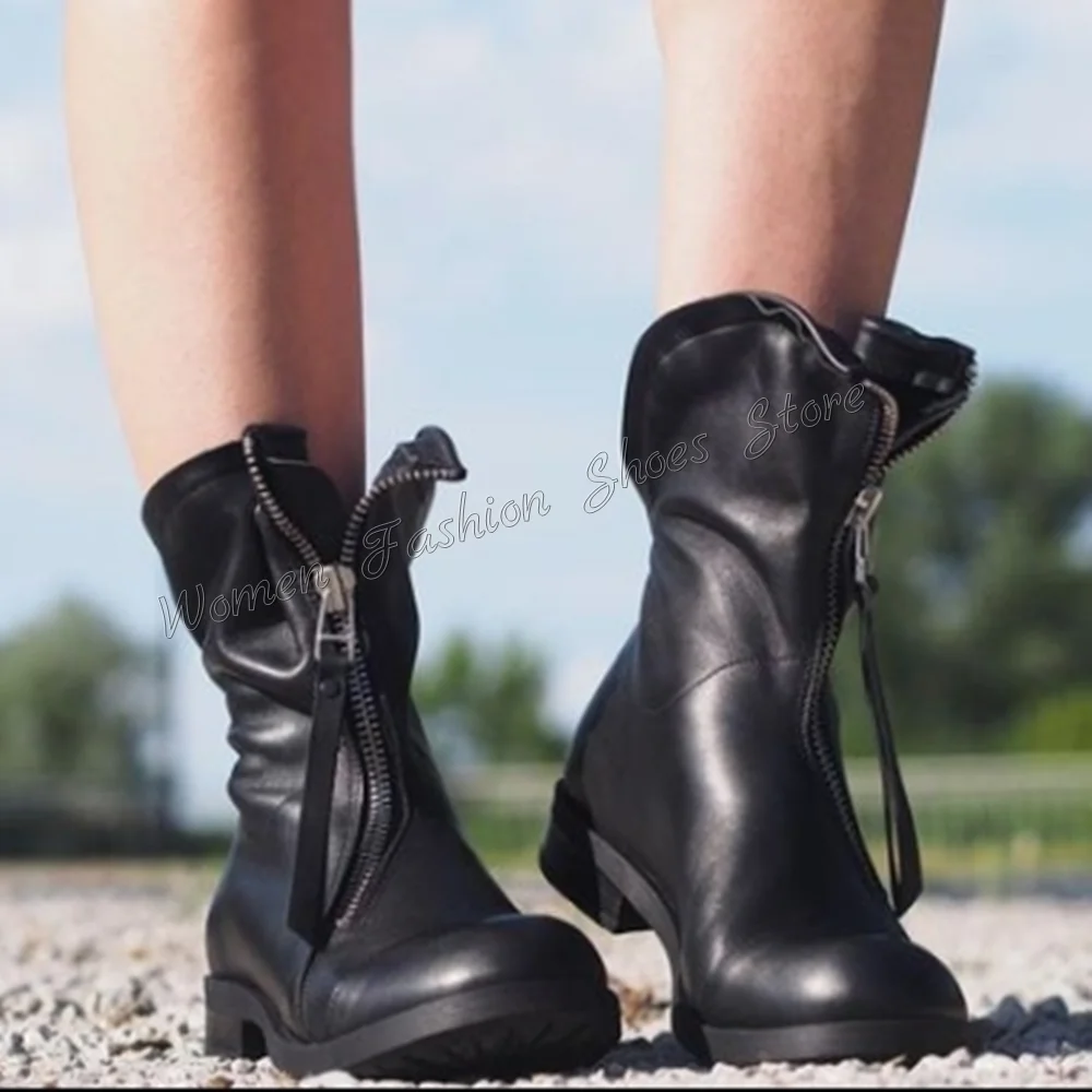 

Black Round Toe Front Zipper Boots Chunky High Heels Matte Leather High Heel Shoes for Women Heels 2024 New Zapatos Para Mujere