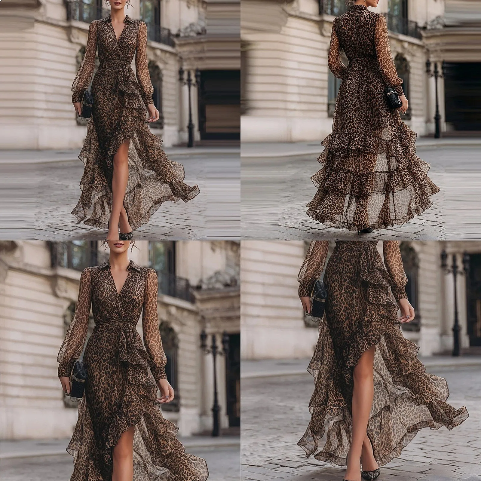 

Leopard Print V Neck Long Sleeve Dress with Ruffle Hem Bodycon Dresses Spring Summer
