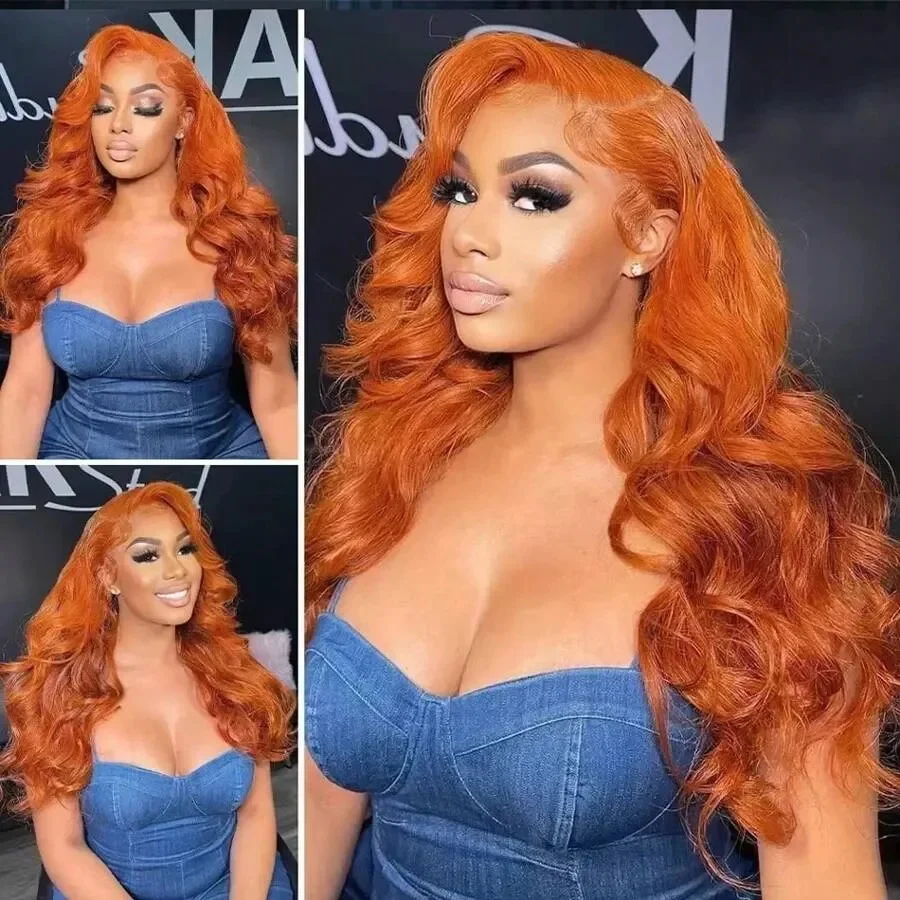 Wig Rambut Asli Ginger Orange Body Wave 13x6 HD Lace Front, Kepadatan 250, Pre Plucked, Remy Hair