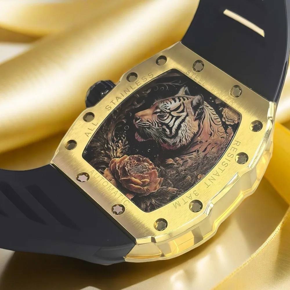 Nowy męski zegarek na rok 2025, automatyczny mechanizm, luksusowy zegarek dla mężczyzn, tarcza z motywem tygrysa, zegarek mechaniczny, wodoodporny, składane zapięcie.