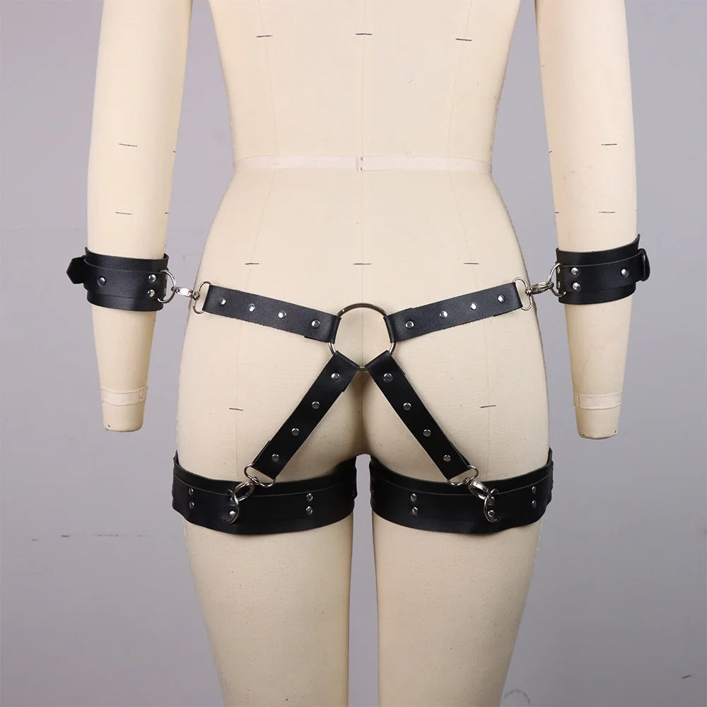 1 Set Ladies\' Sexy Women Bondage Harness Belt Set Leg Harness PU Bondage Wrist Handcuffs With Waist Binding Belt Cross Corset