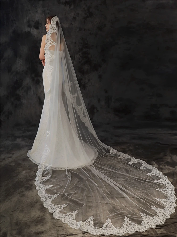 New Arrival One Layer Cathedral Wedding veils Lace Edge 3 Meter Long White Ivory Bridal veil Bodas velo de novias