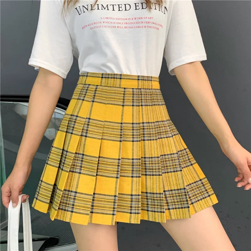 Ruibbit Gothic Punk Harajuku Women Skirts Casual Cool Chic Preppy Style  Yellow Plaid Pleate Female Fashion Skirts