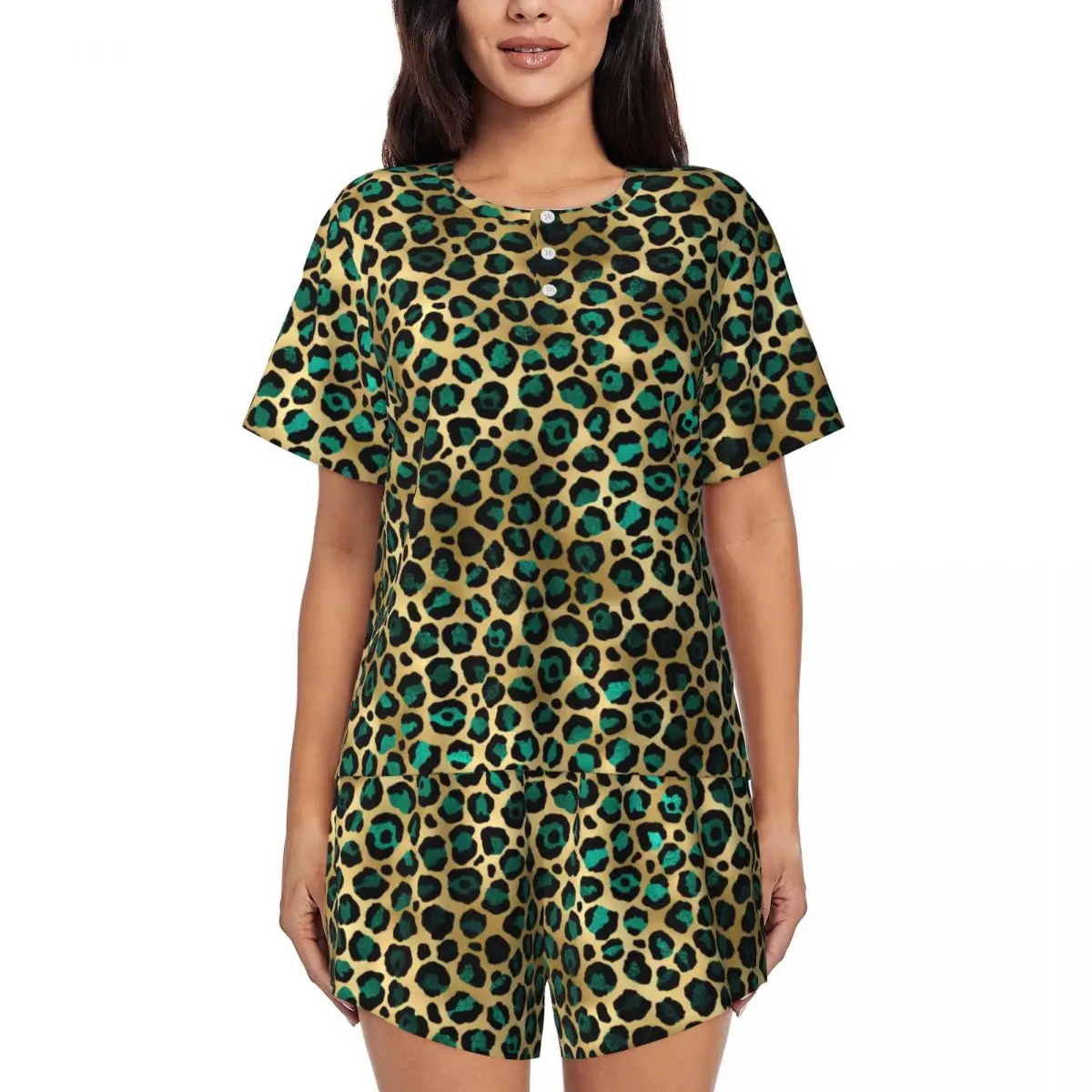 Teal And Gold Leopard Pajamas Women Spots Print Cute Sleepwear Summer Short Sleeves 2 Piece Bedroom O Neck Custom Pajama Sets