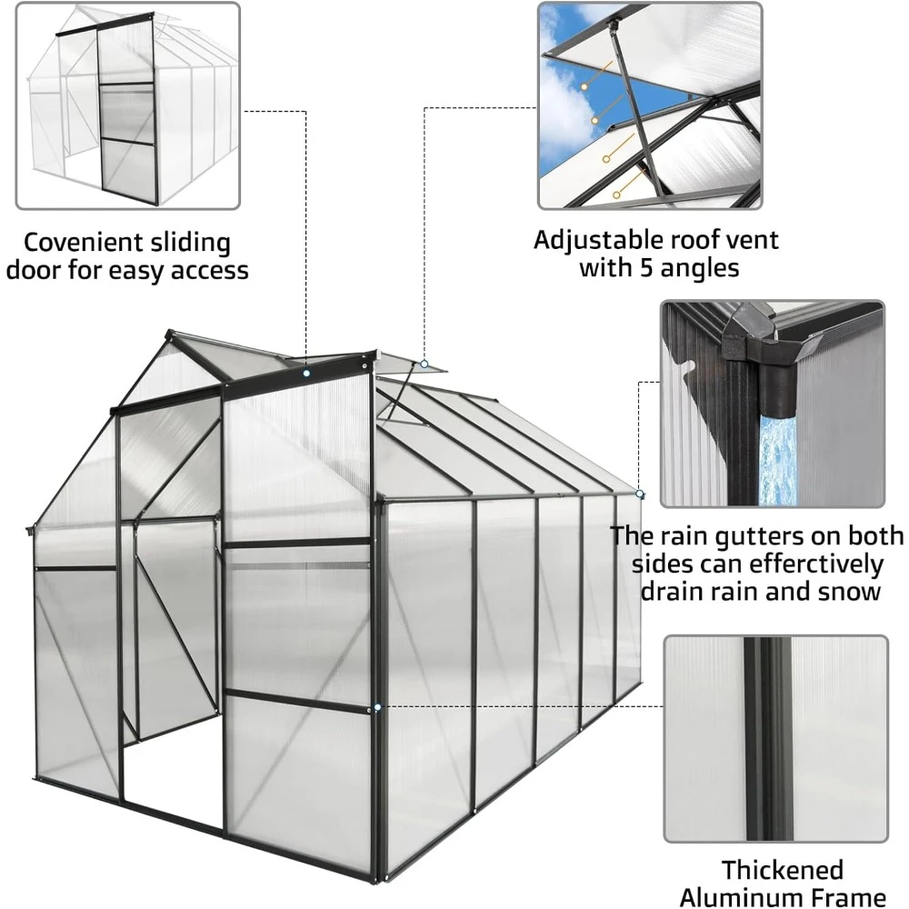 Imagem -05 - Estufa de Policarbonato com Base Levantada e Alumínio Ancorado Jardinagem Suprimentos Edifícios ao ar Livre Jardim 6x10 Pés