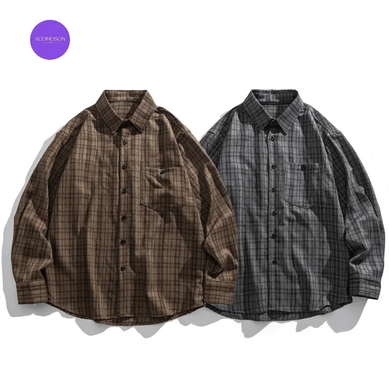ACOMOSON Vintage Casual Plaid Long-Sleeve Shirt For Men Women Autumn Winter Travel Holiday Loose-Fitting Casual Work Shirt