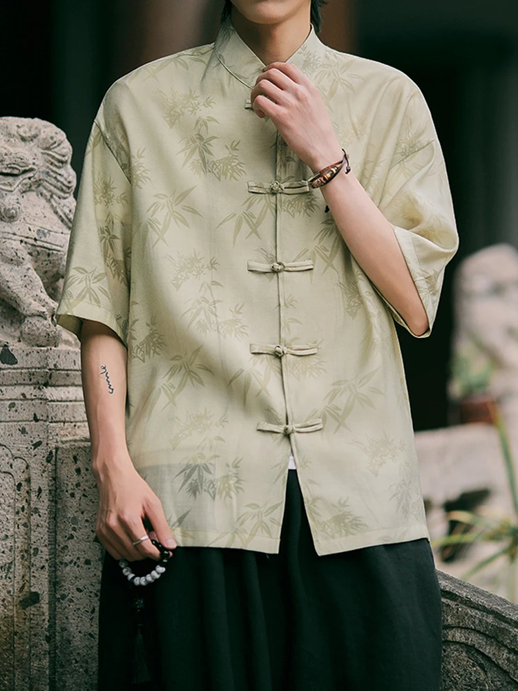 

Новая летняя мужская рубашка с коротким рукавом, тонкая, дышащая, с воротником-стойкой, в стиле танчжуан, с узором, ретро, повседневная, модная