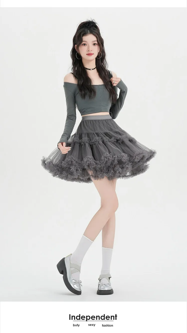 Spring new  slimming A-line fluffy cake skirt with black fungus edge mesh pleated short skirts for women