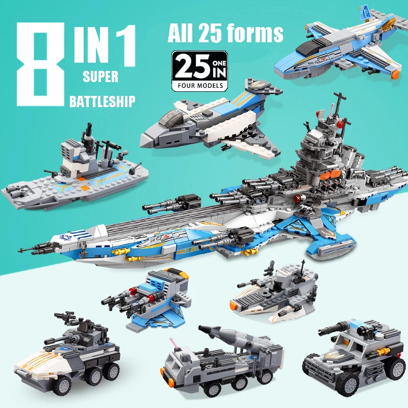 

8 IN 1 Super Space Battleship Building Block Aircraft Fighter Model WW2 Weapon Soldier Bricks Model Toys For Boy Gifts MOC