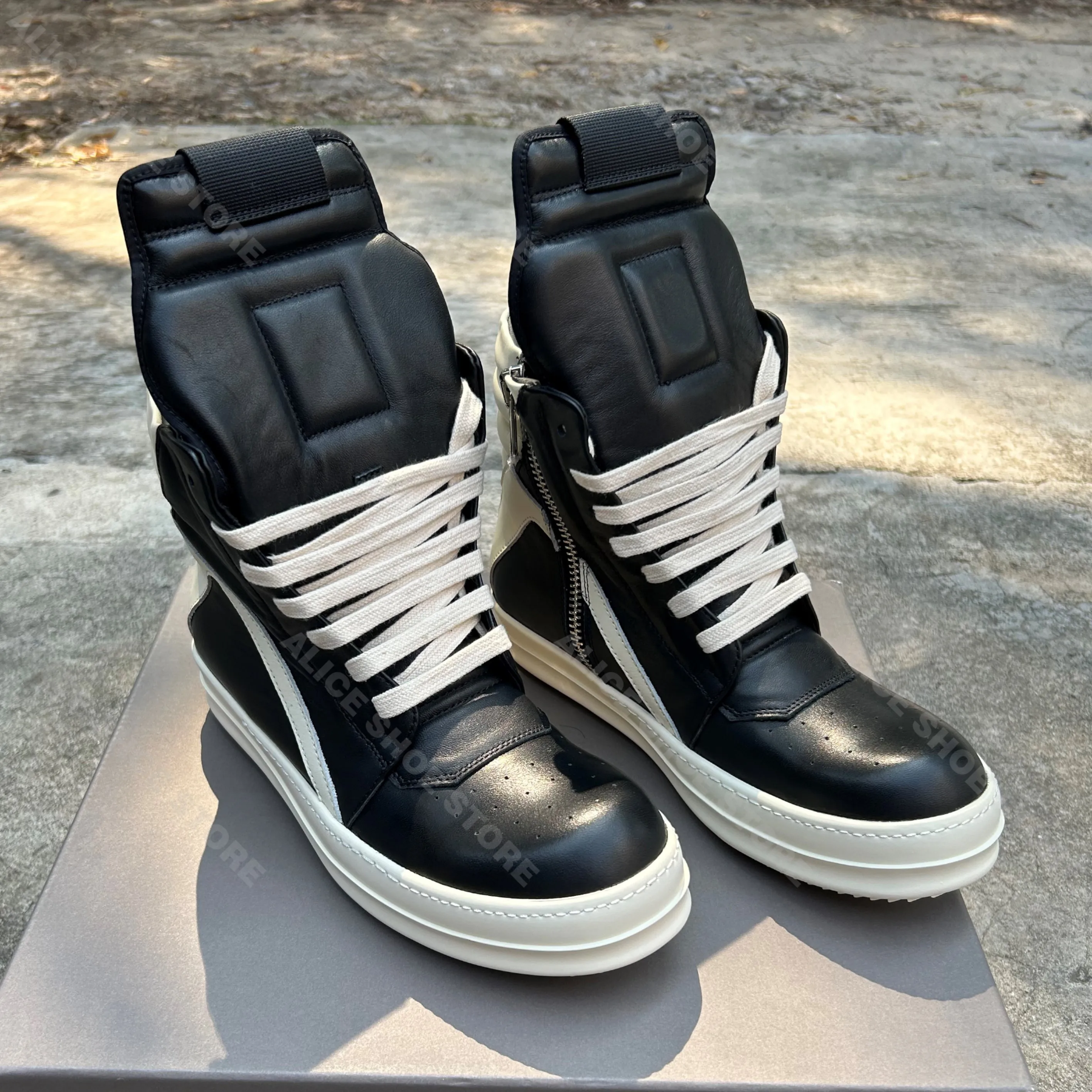 

Brand Men Shoe Casual High Top Women Sneaker Classic Black Ankle Boot Geobasket Quality Leather Thick-sole Flat Zipper Shoe
